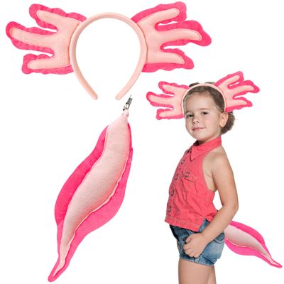 Alaxciax Axolotl Headband and Tail, Axolotl Costume Accessories Set Axolotl Gifts for Kids Girls Christmas Birthday Halloween (Pink)