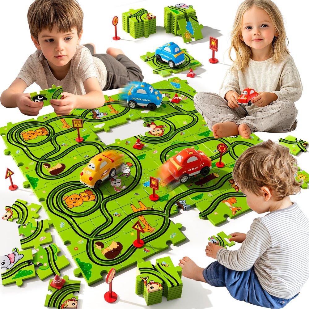 Beby Buty 64PCS Puzzle Race Track Car Set for Kids Boys, Floor Puzzle Tracks Car Toys for Boys Girls Ages 3-5 4-6, Toddler Toys Gifts for 3 4 5 Year Old, Ideal 3 4 5 6 Year Old Birthday Gifts