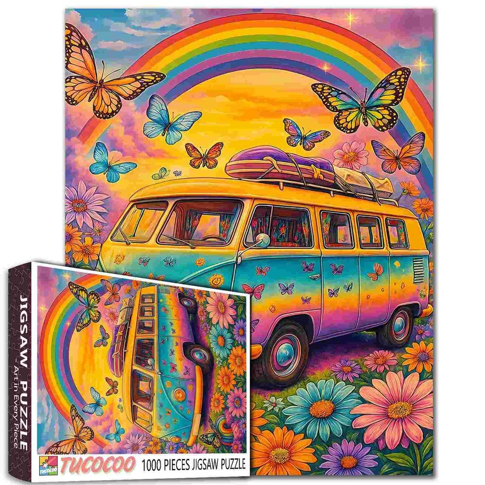 Graffitic Bus Jigsaw Puzzles 1000 Pieces for Adults, Families (Automobile,Car,Rainbow,ButterflyFlower) Pieces Fit Together Perfectly 19.7''x27.6''inch Landscape Frameable Magic Puzzle ArtRed
