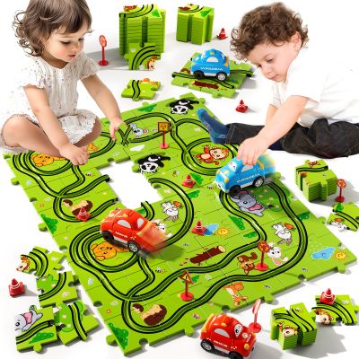 Beby Buty 48PCS Puzzle Race Track Car Set Toys for Kids Boys, Floor Puzzle Car Tracks for Boys Ages 3-5 4-6, Toddler Toys Gifts for 3 4 5 Year Old Kids, Ideal 3 4 5 6 Year Old Birthday Gifts