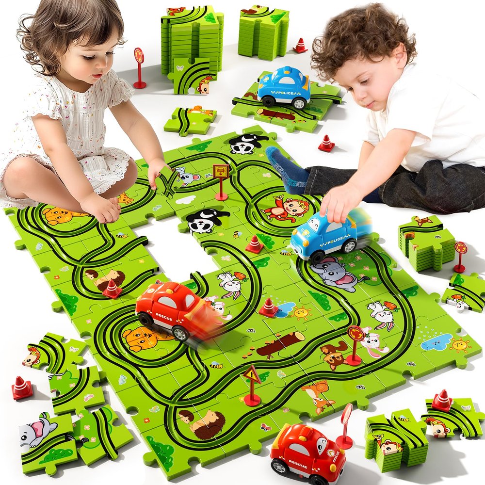 Beby Buty 48PCS Puzzle Race Track Car Set Toys for Kids Boys, Floor Puzzle Car Tracks for Boys Ages 3-5 4-6, Toddler Toys Gifts for 3 4 5 Year Old Kids, Ideal 3 4 5 6 Year Old Birthday Gifts