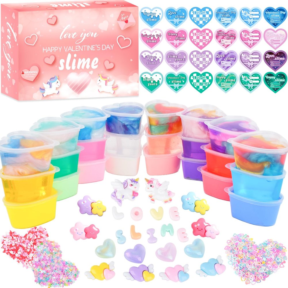 24 Pack Heart Slime, Valentine's Day Party Favors for Kids, Soft & Non-Sticky, Stress Relief Fidget Toys, Classroom Prizes, Goodie Bag Fillers for Girls and Boys
