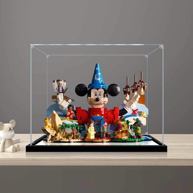 2cm Walnut Wood Grain Display Box, Coffee Black high-end countertop Display Box, Suitable for Disney 21352 Magical World, 3mm Thick Transparent Display Cabinet (Black+Mirror+3MM)