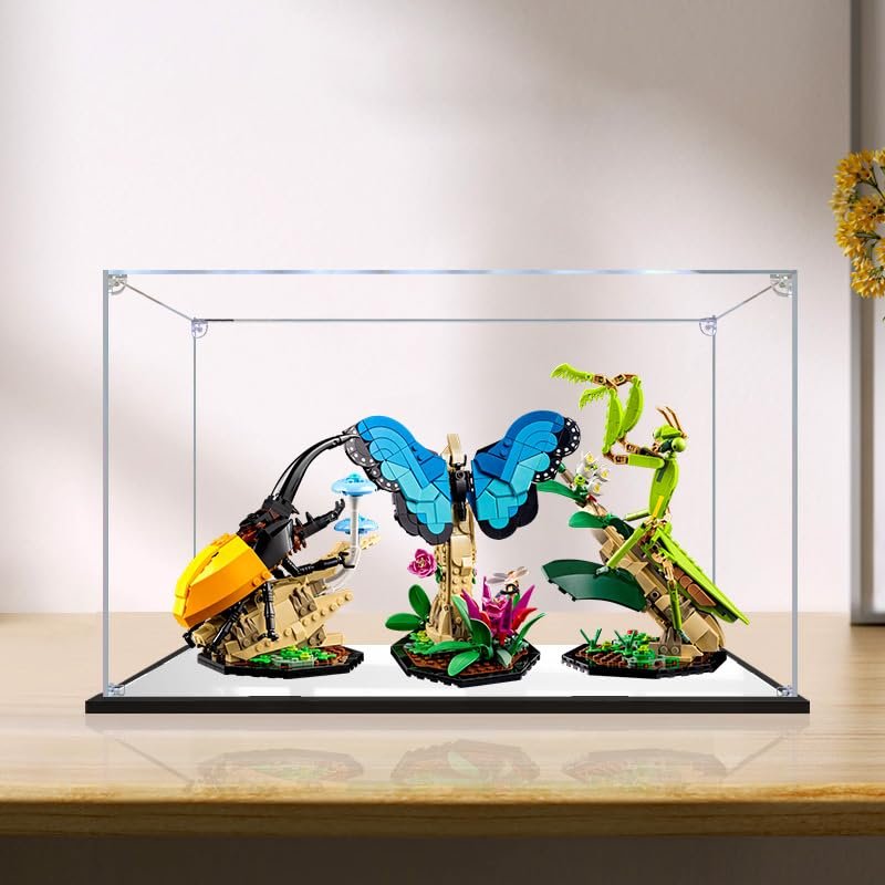 2cm Walnut Wood Grain Display Box, Coffee Black high-end countertop Display Box, Suitable for 21342 Insect Series Building Blocks, 3mm Thick Transparent Display Cabinet (Black+Mirror+3MM)