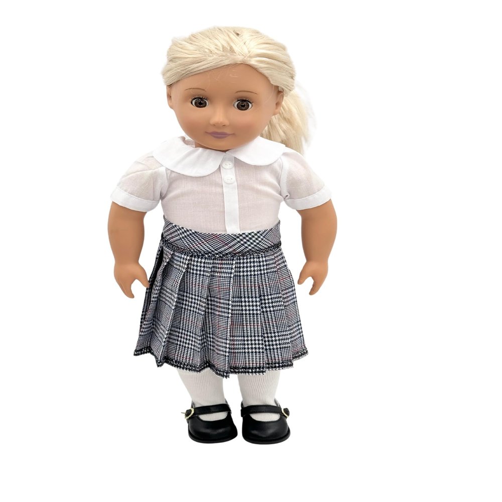 18 inch Doll Outfit-School Plaid Jumper Include Blouse and Hair Accessory/Add on Option: Sock and Shoe (Doll is not Included) (Pleated Skirt,Sock,Matte Black Shoe, Plaid 747)