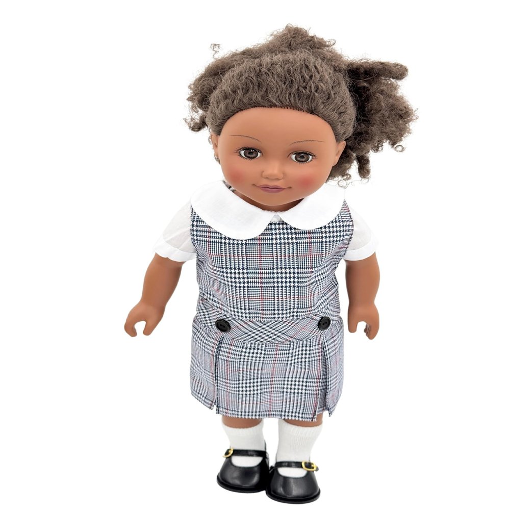18 inch Doll Outfit-School Plaid Jumper Include Blouse and Hair Accessory/Add on Option: Sock and Shoe (Doll is not Included) (Dropped Waist Jumper,Sock,Matte Black Shoe, Plaid 747)