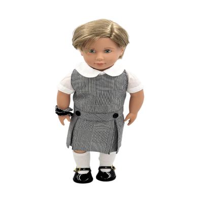 18 inch Doll Outfit-School Plaid Jumper Include Blouse and Hair Accessory/Add on Option: Sock and Shoe (Doll is not Included) (Dropped Waist Jumper,Sock,ShinyBlack Shoe, Plaid 39)