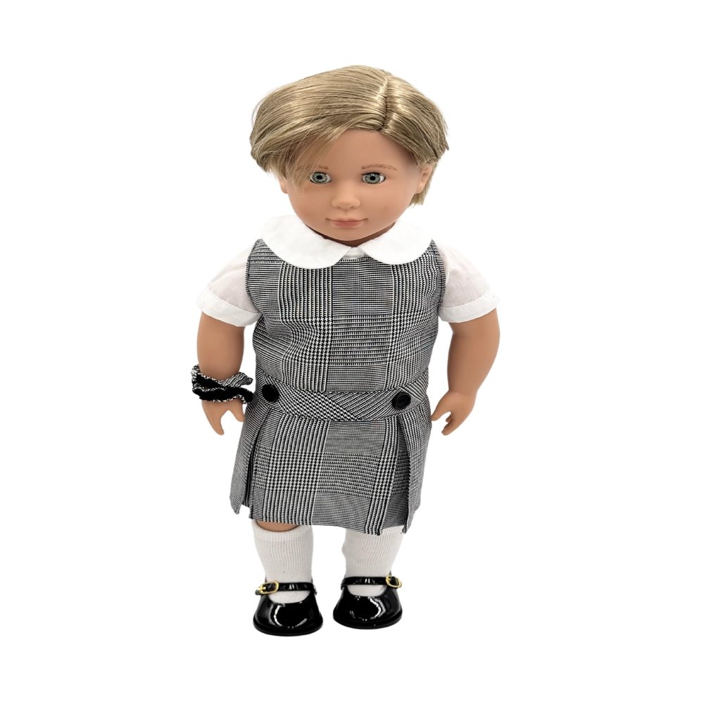 18 inch Doll Outfit-School Plaid Jumper Include Blouse and Hair Accessory/Add on Option: Sock and Shoe (Doll is not Included) (Dropped Waist Jumper,Sock,ShinyBlack Shoe, Plaid 39)