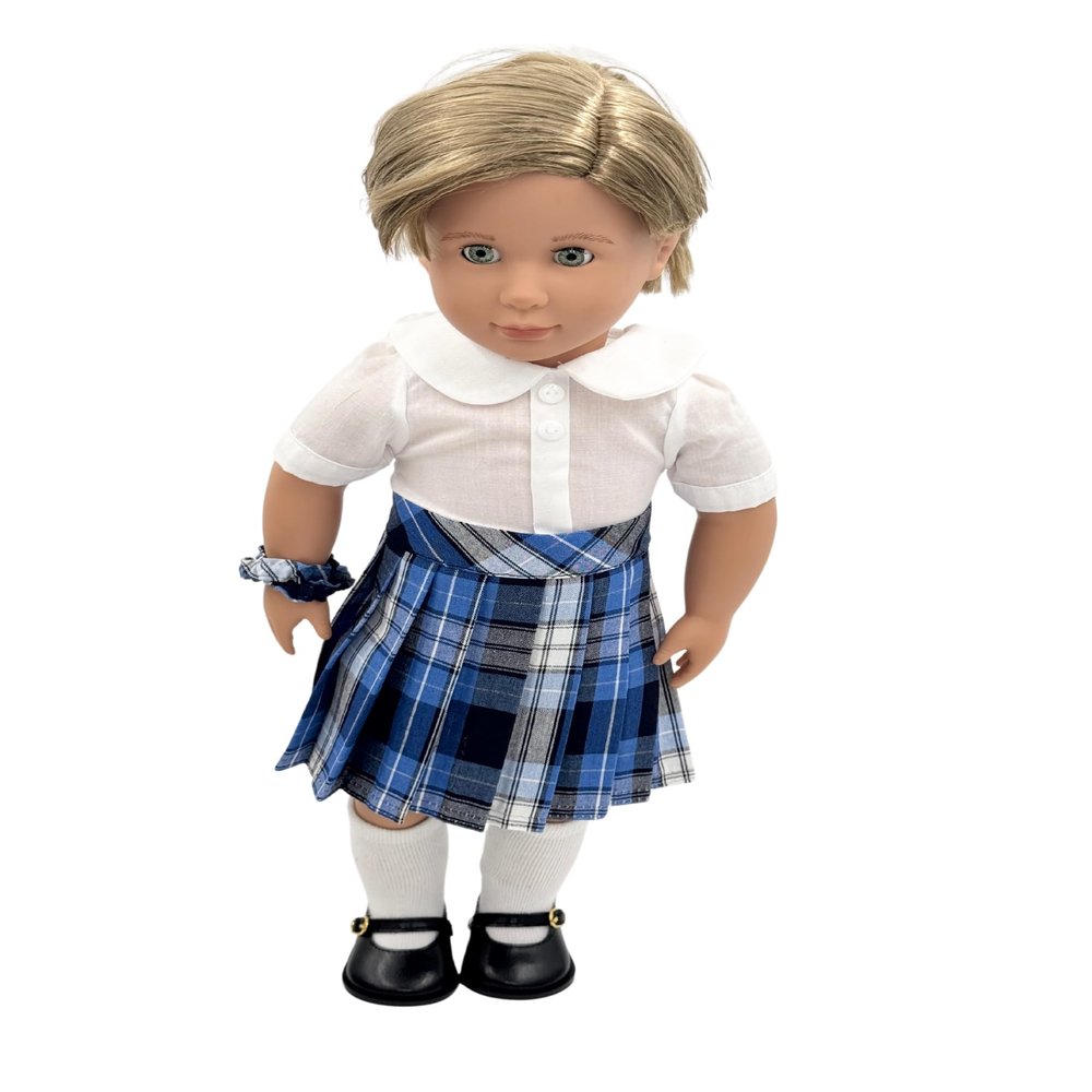 18 inch Doll Outfit-School Plaid Jumper Include Blouse and Hair Accessory/Add on Option: Sock and Shoe (Doll is not Included) (Pleated Skirt,Sock,Matte Black Shoe, Plaid 76)