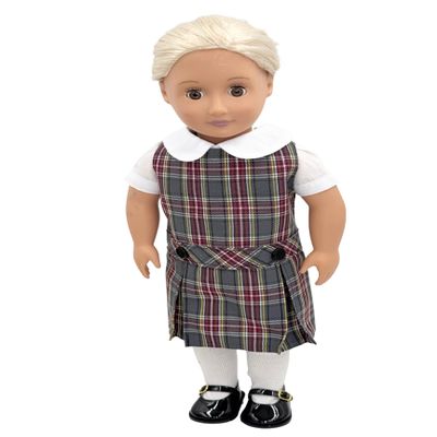 18 inch Doll Outfit-School Plaid Jumper Include Blouse and Hair Accessory/Add on Option: Sock and Shoe (Doll is not Included) (Dropped Waist Jumper,Sock,ShinyBlack Shoe, Plaid 43)