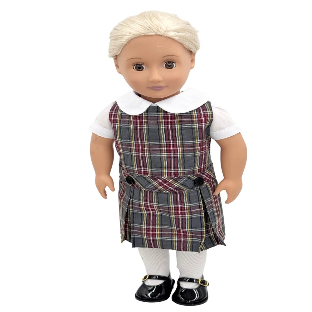 18 inch Doll Outfit-School Plaid Jumper Include Blouse and Hair Accessory/Add on Option: Sock and Shoe (Doll is not Included) (Dropped Waist Jumper,Sock,ShinyBlack Shoe, Plaid 43)