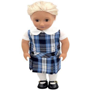 18 inch Doll Outfit-School Plaid Jumper Include Blouse and Hair Accessory/Add on Option: Sock and Shoe (Doll is not Included) (Dropped Waist Jumper,Sock,Matte Black Shoe, Plaid 76)