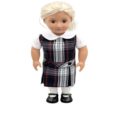 18 inch Doll Outfit-School Plaid Jumper Include Blouse and Hair Accessory/Add on Option: Sock and Shoe (Doll is not Included) (Dropped Waist Jumper,Sock,Matte Black Shoe, Plaid 49 50)