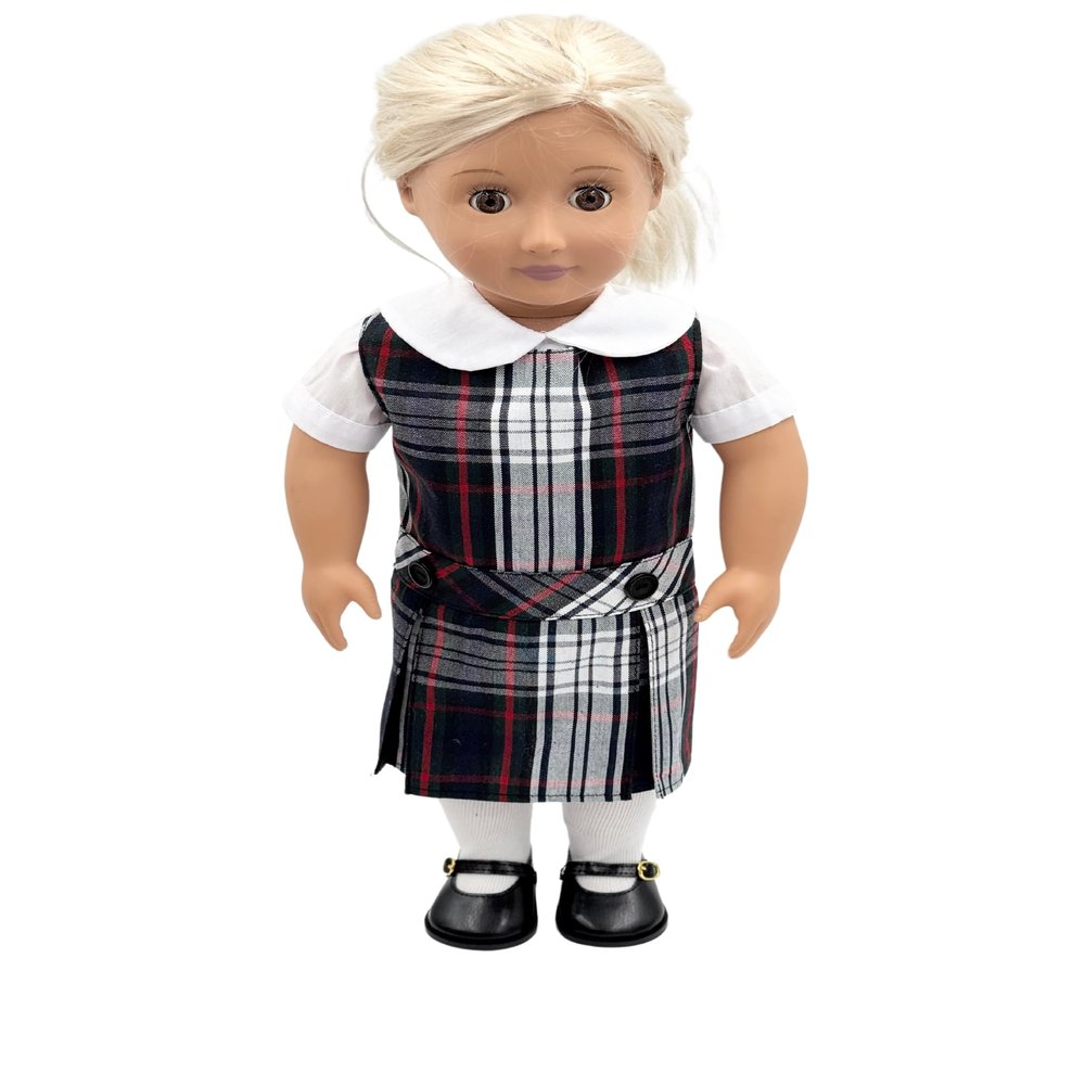 18 inch Doll Outfit-School Plaid Jumper Include Blouse and Hair Accessory/Add on Option: Sock and Shoe (Doll is not Included) (Dropped Waist Jumper,Sock,Matte Black Shoe, Plaid 49 50)