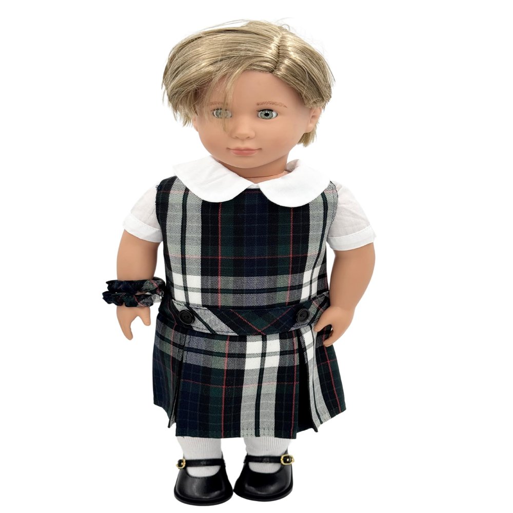 18 inch Doll Outfit-School Plaid Jumper Include Blouse and Hair Accessory/Add on Option: Sock and Shoe (Doll is not Included) (Dropped Waist Jumper,Sock,Matte Black Shoe, Plaid 89)