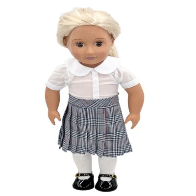 18 inch Doll Outfit-School Plaid Jumper Include Blouse and Hair Accessory/Add on Option: Sock and Shoe (Doll is not Included) (Pleated Skirt,Sock,ShinyBlack Shoe, Plaid 747)