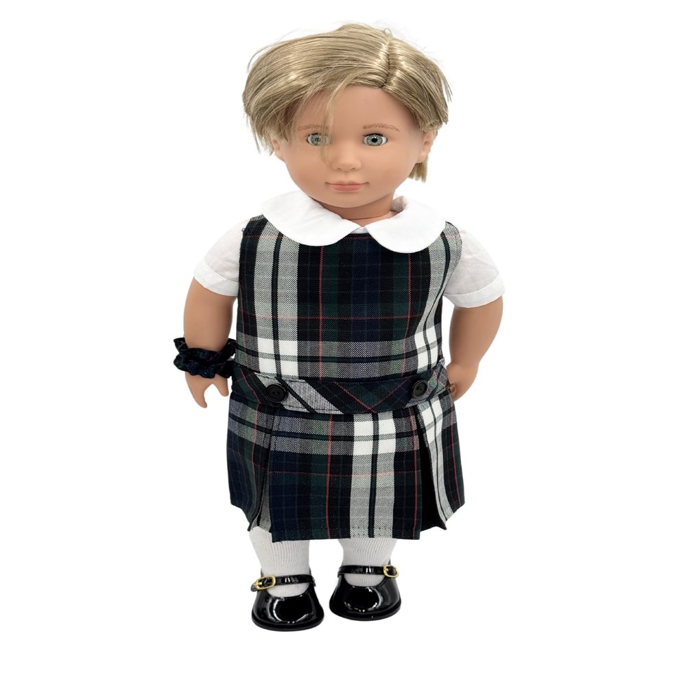 18 inch Doll Outfit-School Plaid Jumper Include Blouse and Hair Accessory/Add on Option: Sock and Shoe (Doll is not Included) (Dropped Waist Jumper,Sock,ShinyBlack Shoe, Plaid 89)