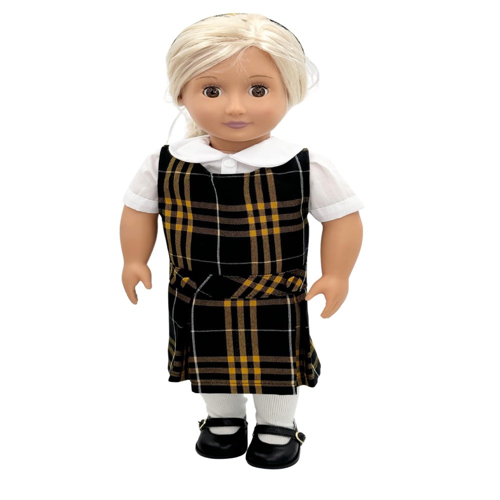 18 inch Doll Outfit-School Plaid Jumper Include Blouse and Hair Accessory/Add on Option: Sock and Shoe (Doll is not Included) (Dropped Waist Jumper,Sock,ShinyBlack Shoe, Plaid 2V)