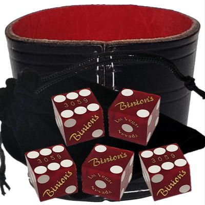 Authentic Casino Dice w/Pouch + Genuine Leather Cup Wide Opening (Red Felt Lining, Las Vegas Binion's Red Frosted)