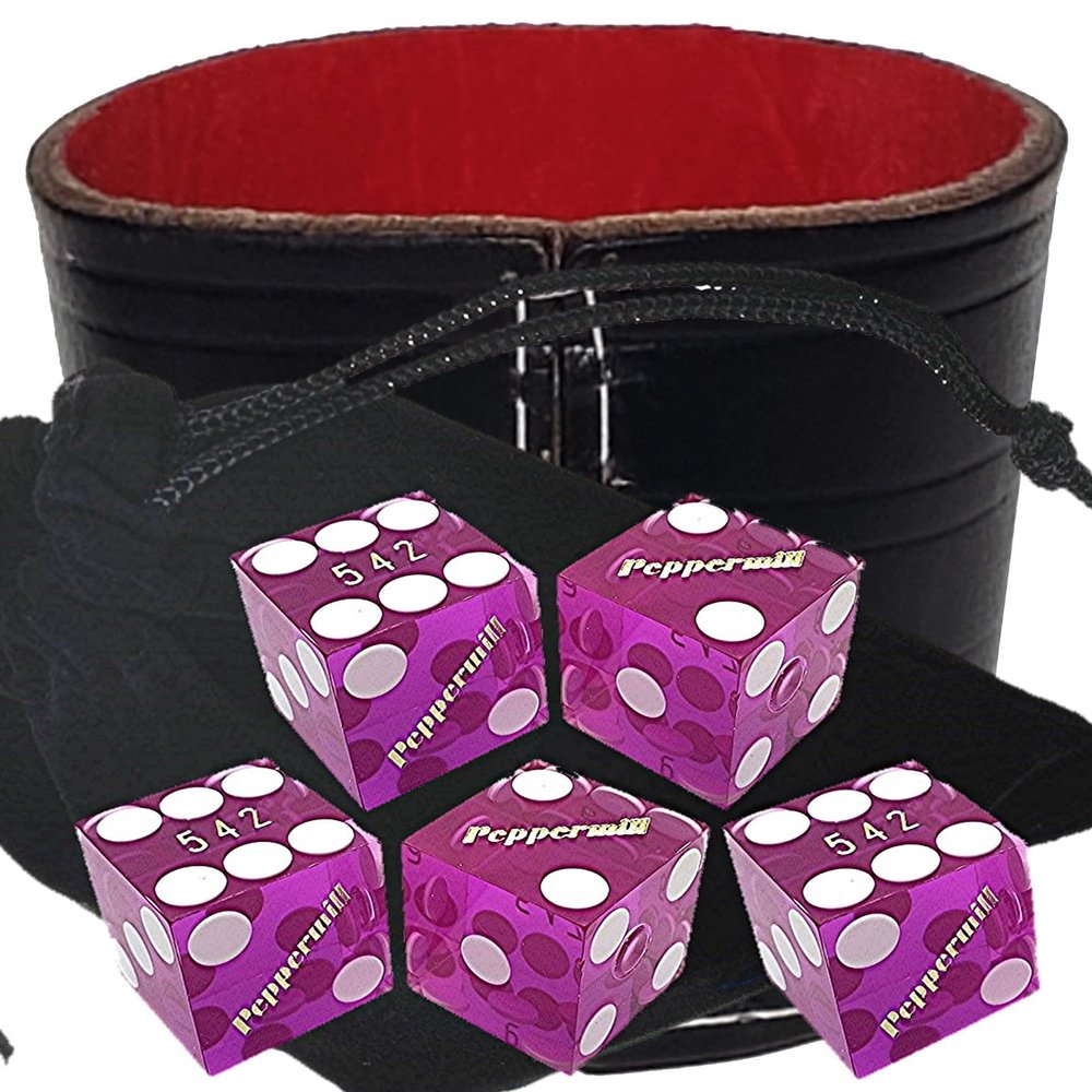 Authentic Casino Dice w/Pouch + Genuine Leather Cup Wide Opening (Red Felt Lining, Reno Peppermill Italic Purple Polished)