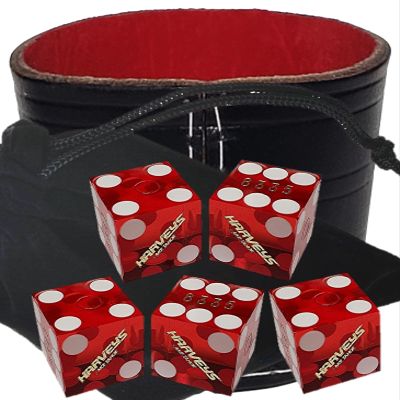 Authentic Casino Dice w/Pouch + Genuine Leather Cup Wide Opening (Red Felt Lining, Lake Tahoe Harvey's Red Polished)