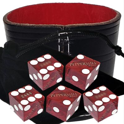 Authentic Casino Dice w/Pouch + Genuine Leather Cup Wide Opening (Red Felt Lining, Reno Peppermill Dark Red Polished)