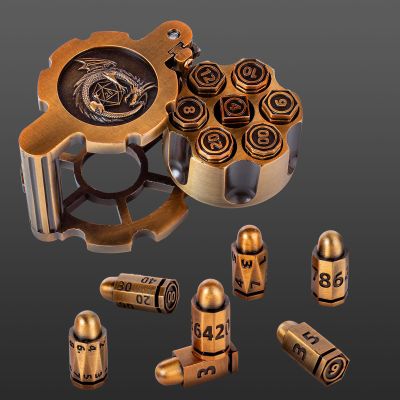 Aloftopz Metal Bullet Dice Set of 7 with Spinning Revolver Cylinder Container Perfect Role Playing Dice Set, Cyberpunk Style DND Dice Set for DND & Other Tabletop Games