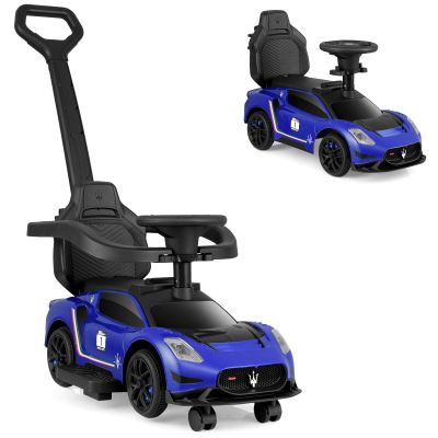 INFANS 3 in 1 Push Car for Toddlers, Licensed Maserati Baby Stroller Sliding Walking Car with Push Handle, Horn, Music, Underneath Storage, Foot-to-Floor Ride on Toys for Boys Girls (Blue)