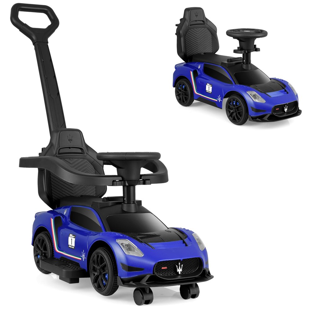 INFANS 3 in 1 Push Car for Toddlers, Licensed Maserati Baby Stroller Sliding Walking Car with Push Handle, Horn, Music, Underneath Storage, Foot-to-Floor Ride on Toys for Boys Girls (Blue)