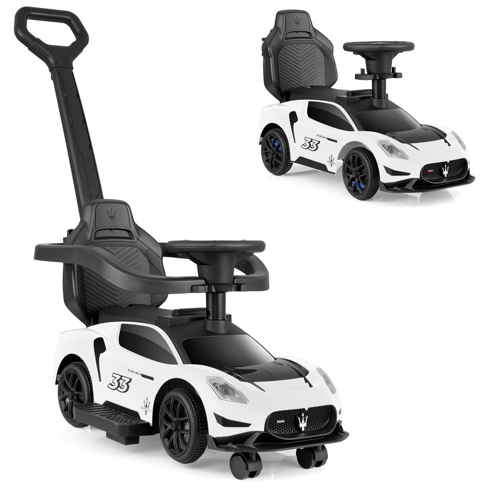 INFANS 3 in 1 Push Car for Toddlers, Licensed Maserati Baby Stroller Sliding Walking Car with Push Handle, Horn, Music, Underneath Storage, Foot-to-Floor Ride on Toys for Boys Girls (White)