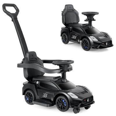 INFANS 3 in 1 Push Car for Toddlers, Licensed Maserati Baby Stroller Sliding Walking Car with Push Handle, Horn, Music, Underneath Storage, Foot-to-Floor Ride on Toys for Boys Girls (Black)