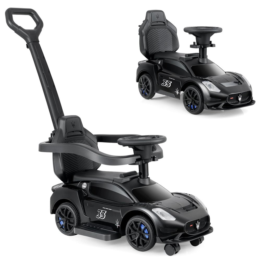 INFANS 3 in 1 Push Car for Toddlers, Licensed Maserati Baby Stroller Sliding Walking Car with Push Handle, Horn, Music, Underneath Storage, Foot-to-Floor Ride on Toys for Boys Girls (Black)