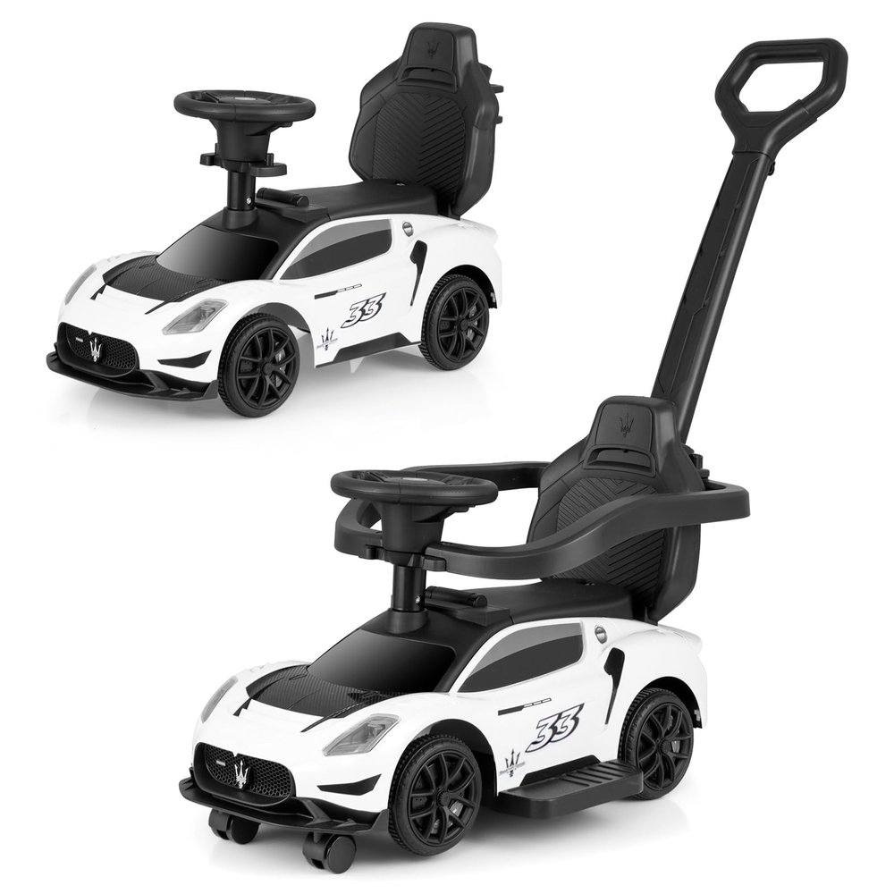 OLAKIDS Push Car for Toddlers, Licensed Maserati 3 in 1 Baby Ride on Sliding with Parent Control Handle, Universal Wheels Safe Guardrails Under Seat Storage, Kids Walking Toy with Music Horn (White)