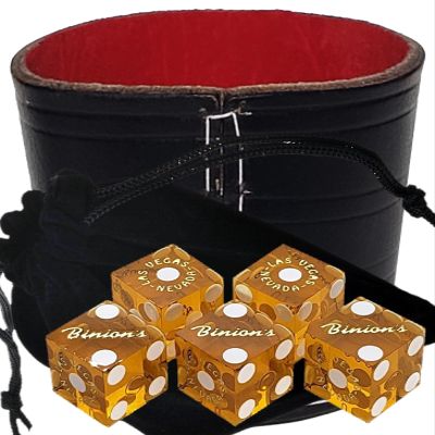 Authentic Casino Dice w/Pouch + Genuine Leather Cup Wide Opening (Red Felt Lining, Las Vegas Binion's Yellow Polished)