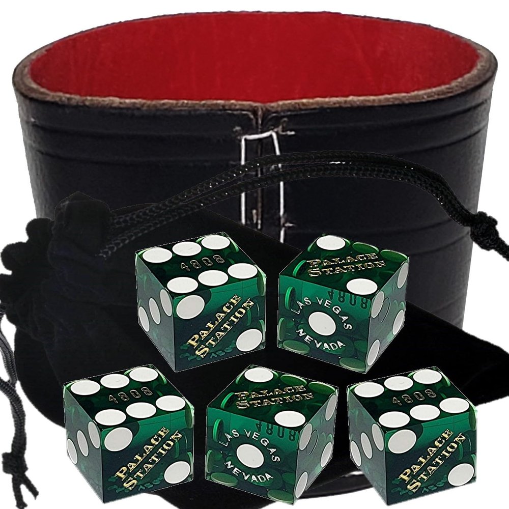 Authentic Casino Dice w/Pouch + Genuine Leather Cup Wide Opening (Red Felt Lining, Las Vegas Palace Station Green Polished)