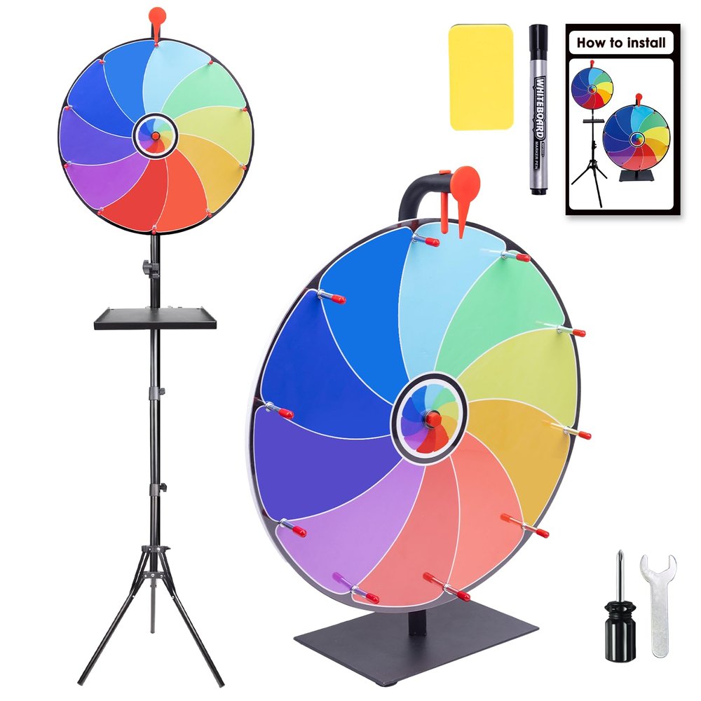 16 inch Dual Use Spinning Prize Wheel with Folding Tripod and Heavy Duty Base, Height Adjustable Wheel Spinner,10 Slots Color Tabletop and Floor Roulette Wheel,with Dry Erase Marker & Eraser& Tray