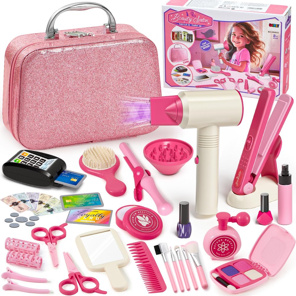 Golray Hair Beauty Salon Toys for Girls 3 4 5 6, 50 PCS Kids Pretend Play Makeup Set Toys with Hair Styling Playset & Cash Register Toy, Toddler Girls Birthday Gifts for Kids 3-6 Years Old