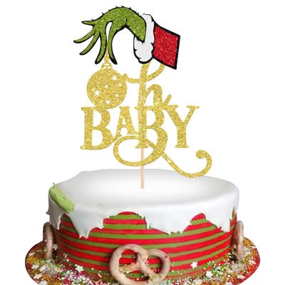 1 Pack Christmas Oh Baby Cake Topper Glitter Christmas Cake Picks Decorations for Baby Shower Birthday Party Decorations Supplies