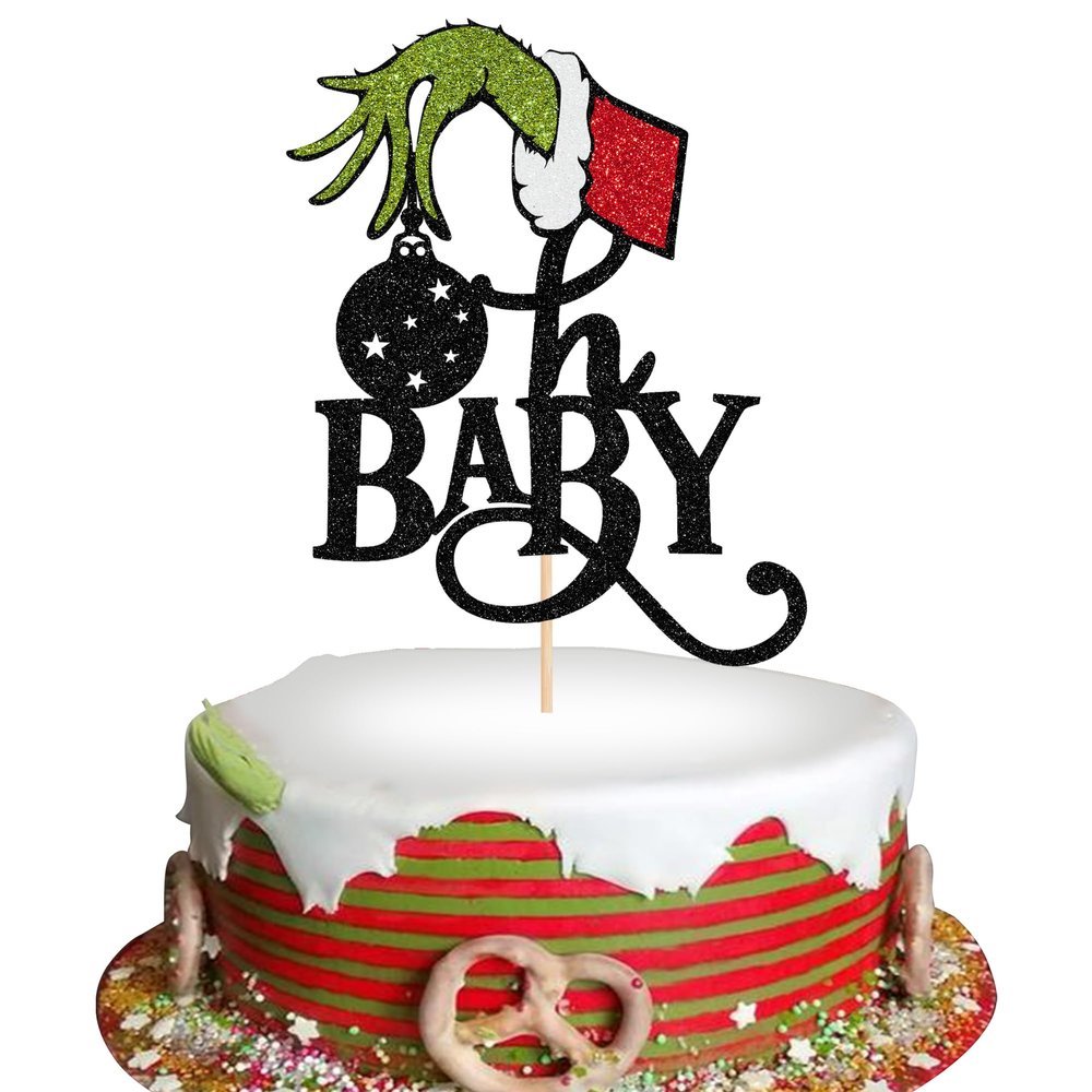 1 Pack Christmas Oh Baby Cake Topper Glitter Christmas Cake Picks Decorations for Baby Shower Birthday Party Decorations Supplies Black