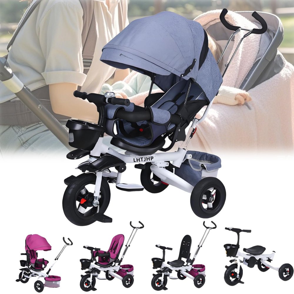 LHTJHP Kids Tricycle, 4 in 1 Toddler Push Tricycle with Three-Speed Adjustable Seat, 360 Rotating Seat, Baby Tricycle with Adjustable Push Handle, Suitable for Babies Aged 3-5 Years Old,Linen Gray