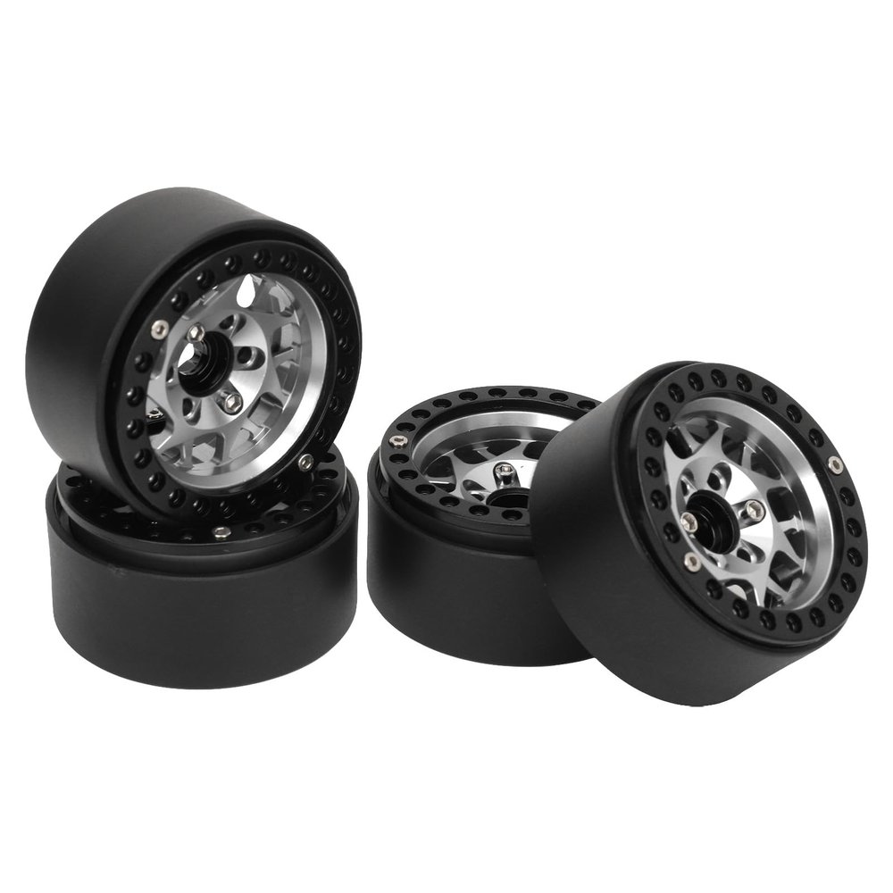 4pcs Rc Crawler Rims Universal Aluminum Alloy 1.9in Black Beadlock Wheel Rims with Hub Suit for 1:10 RC Crawler Axial SCX10 SCX10 II D90, Provides Strong Road Support (Silver)