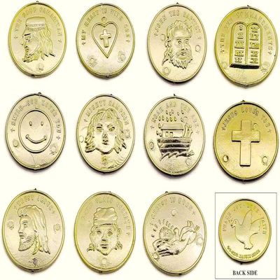 144 Pack of Christian Bible Religious Metallic Plastic Gold Coins (1.25") 11 Different Designs. 3D Shape. Christian Messages. Light Gold