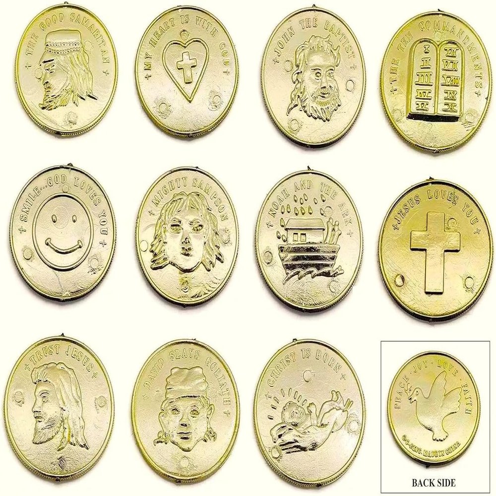 144 Pack of Christian Bible Religious Metallic Plastic Gold Coins (1.25") 11 Different Designs. 3D Shape. Christian Messages. Light Gold