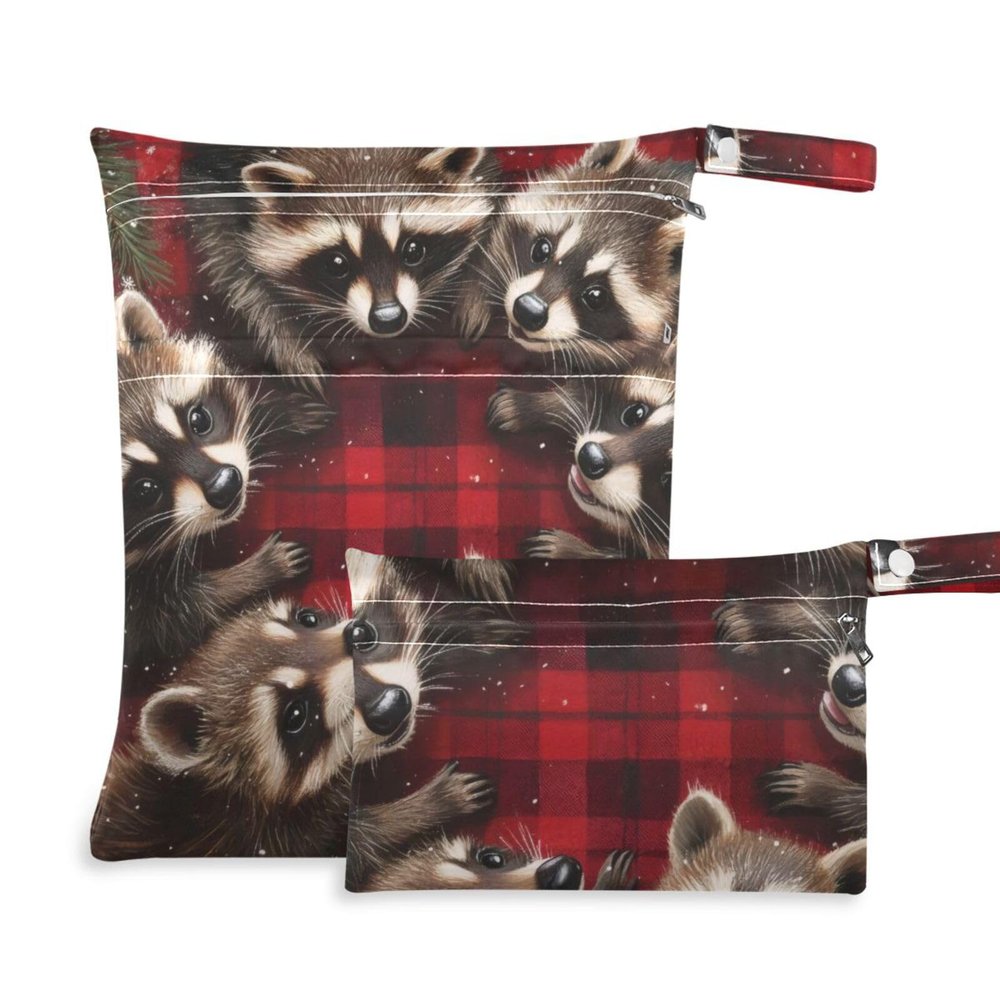 Msyxl 2pcs Wet Dry Bag for Baby Cloth Diapers, Waterproof Reusable Christmas Raccoons Wet Bag with Two Zippered Pockets Washable Pool Gym Travel Bag for Clothes