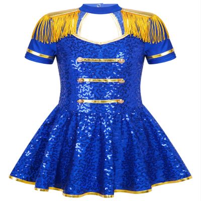 ACSUSS Christmas Party Costume for Girl Circus Cosplay Dress Short Sleeve Shiny Sequin Skirt Dance Leotard Royal Blue 16 Years