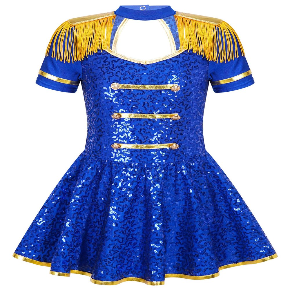ACSUSS Christmas Party Costume for Girl Circus Cosplay Dress Short Sleeve Shiny Sequin Skirt Dance Leotard Royal Blue 16 Years