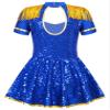 ACSUSS Christmas Party Costume for Girl Circus Cosplay Dress Short Sleeve Shiny Sequin Skirt Dance Leotard Royal Blue 16 Years view 2