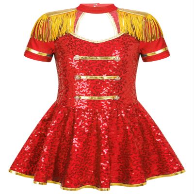 ACSUSS Christmas Party Costume for Girl Circus Cosplay Dress Short Sleeve Shiny Sequin Skirt Dance Leotard Red 16 Years