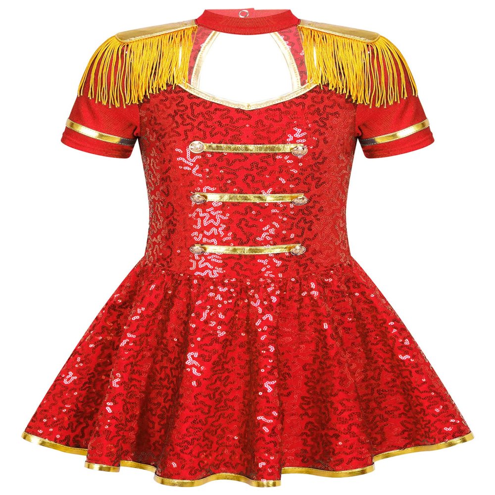 ACSUSS Christmas Party Costume for Girl Circus Cosplay Dress Short Sleeve Shiny Sequin Skirt Dance Leotard Red 16 Years