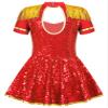 ACSUSS Christmas Party Costume for Girl Circus Cosplay Dress Short Sleeve Shiny Sequin Skirt Dance Leotard Red 16 Years view 2